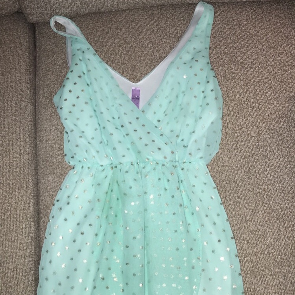 Teal and gold polka dot dress